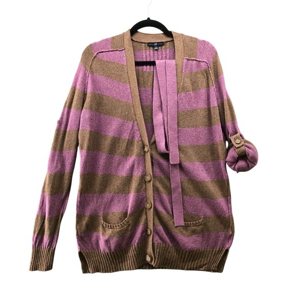 Gap Relaxed Cardigan Womens L Purple Brown Striped V-Neck Button Front Alpaca - Picture 1 of 9